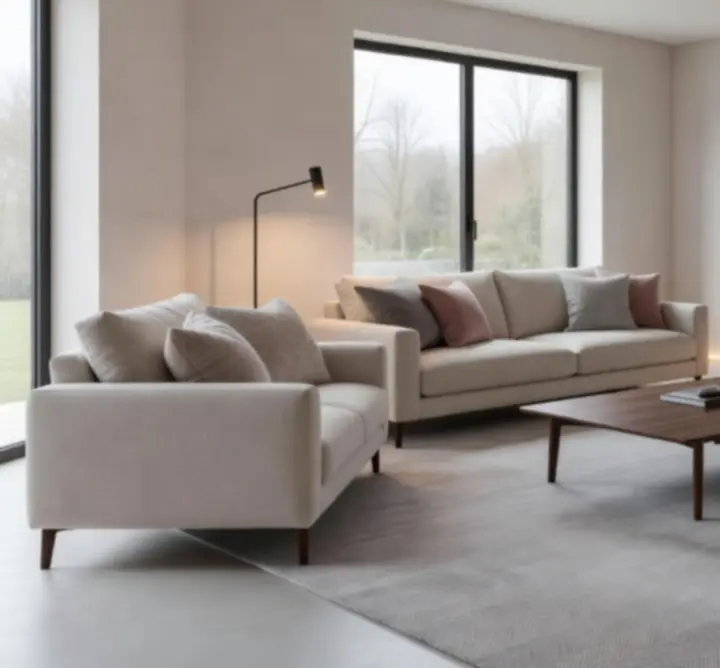 Modern nappali elegáns kanapéval és lakástextilekkel