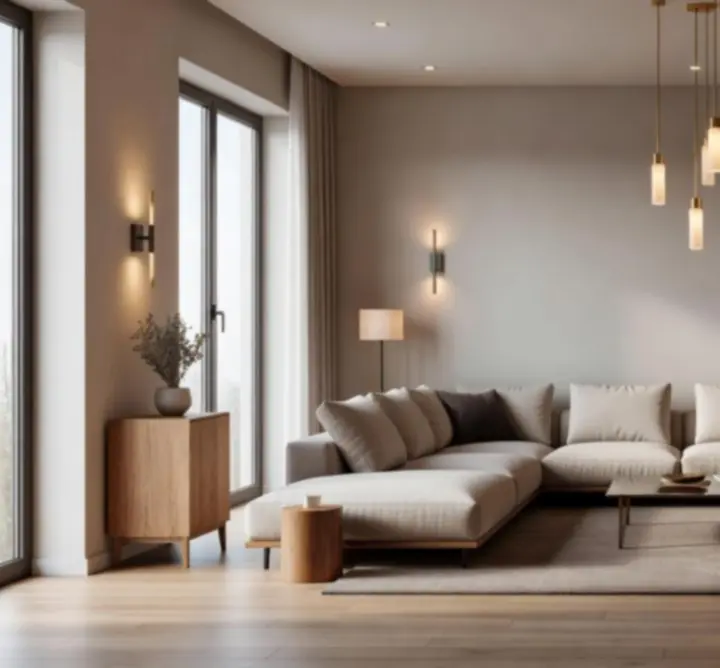 Modern nappali hangulatos mennyezeti és állólámpás világítással