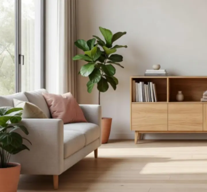 Modern tárolószekrény letisztult, világos nappaliban