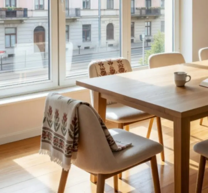 Modern étkezőasztal négy székkel, világos, magyar stílusú étkezőben