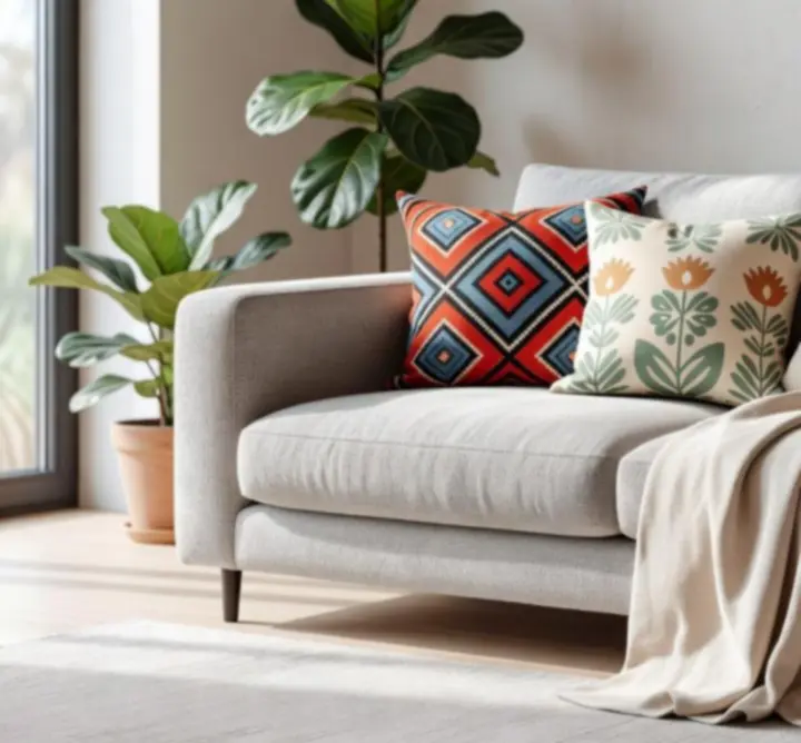 Modern nappali bézs kanapéval, díszpárnákkal és puha takaróval a GG-299-783 LIMITED lakástextil kollekciójából.